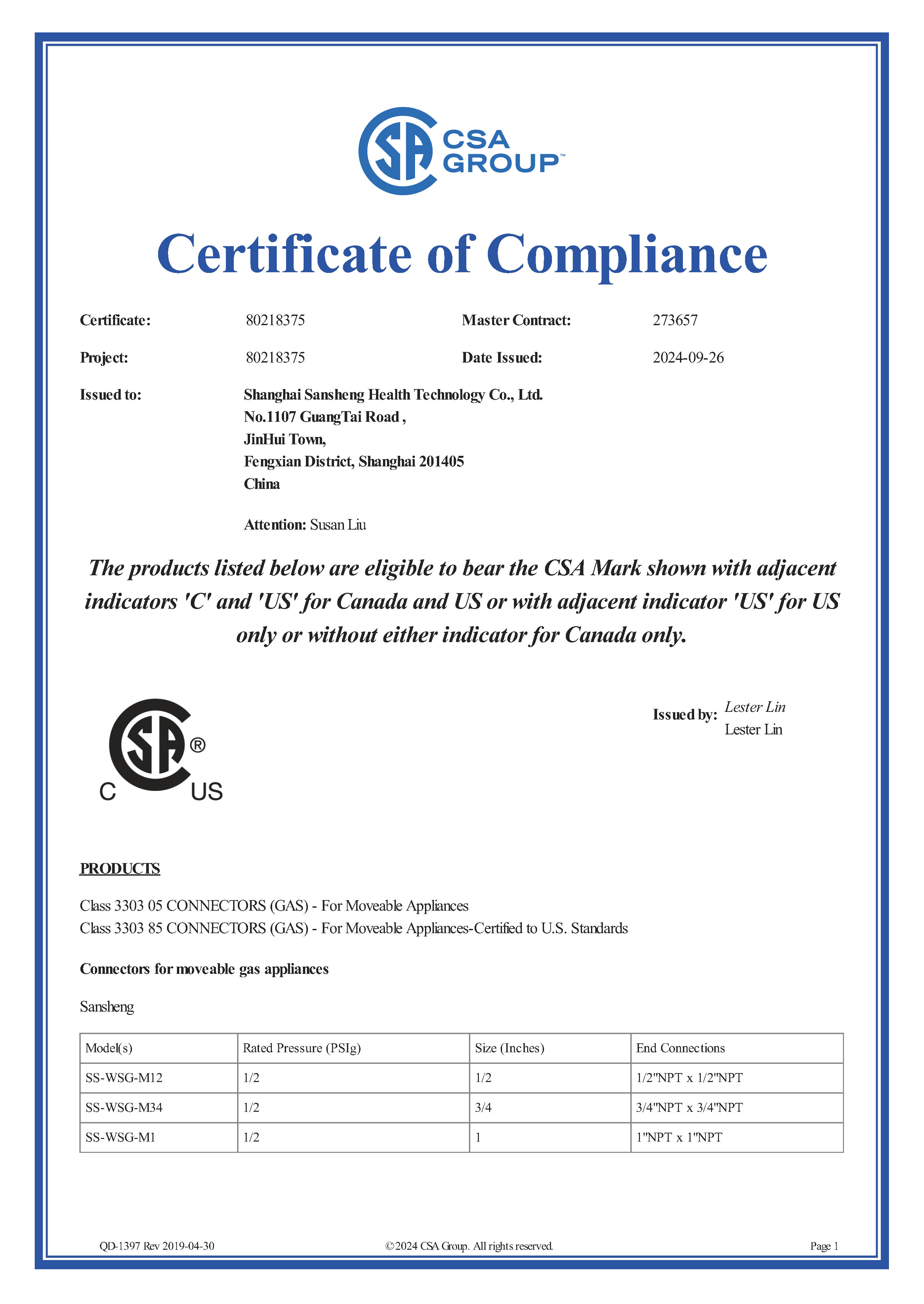 moveable gas appliance  certificate